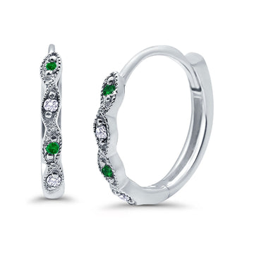 Huggie Hoop Earrings Round Simulated Green Emerald CZ 925 Sterling Silver (14mm)